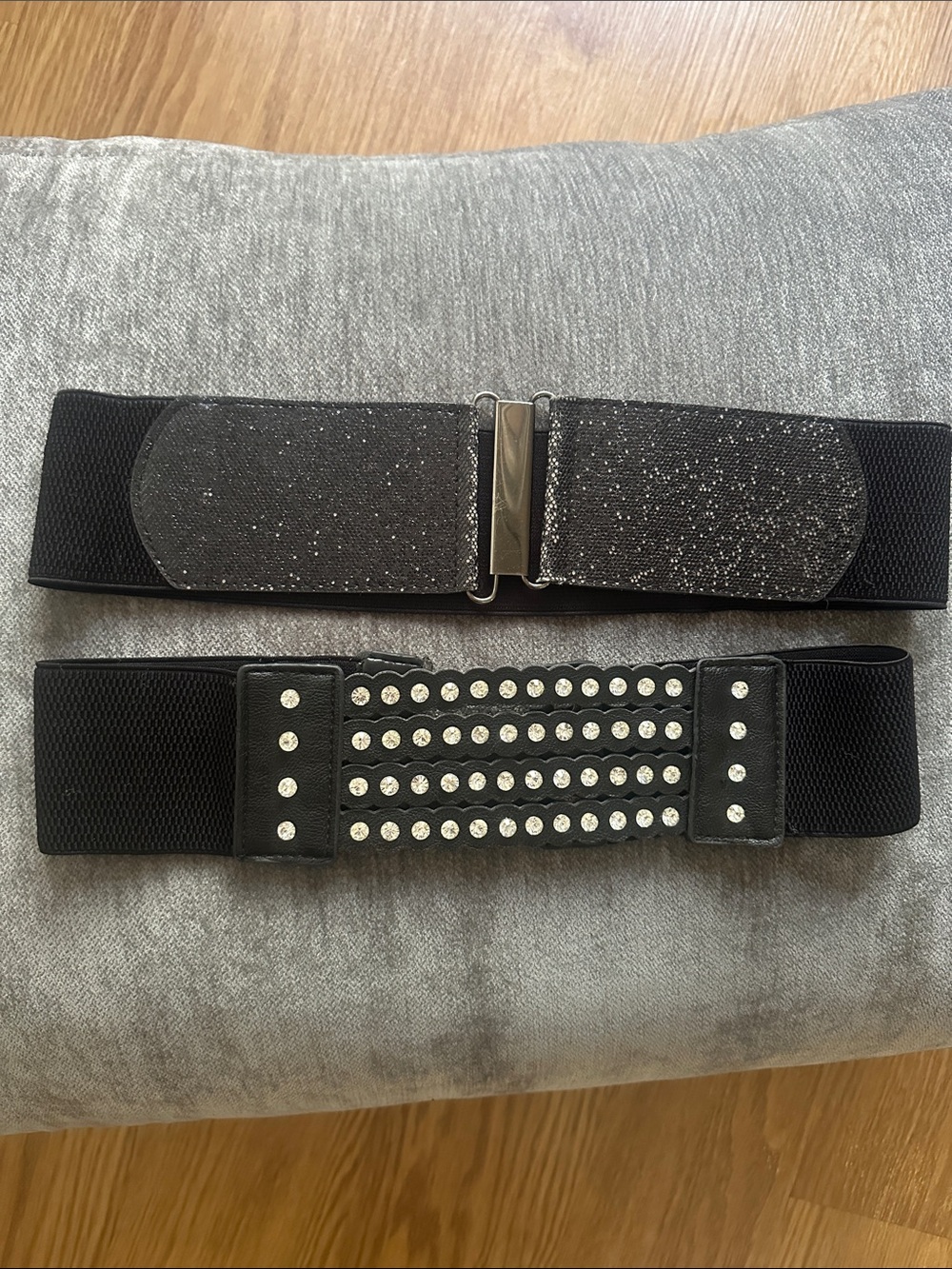 Forever 21 Set of 2 Black Wide Elastic Belts with Rhinestone Rows